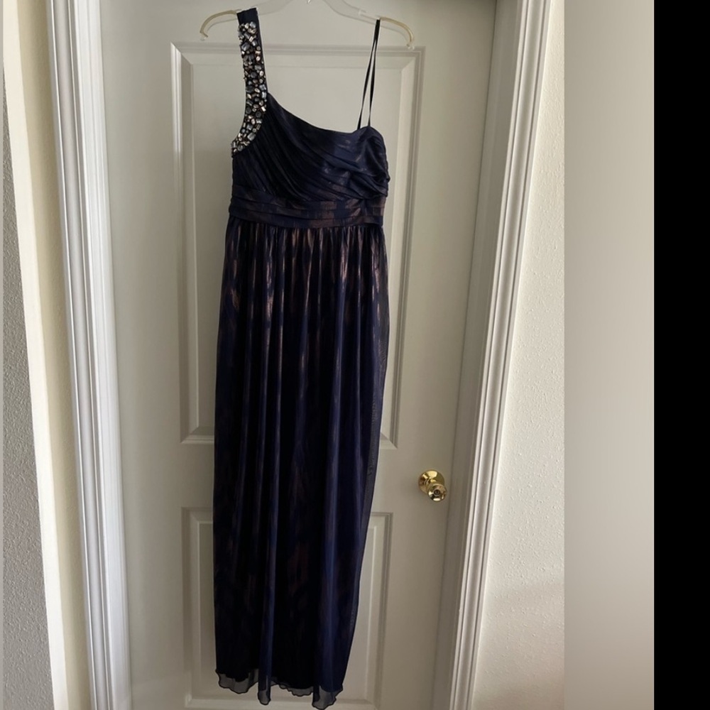 City Triangles Blue and Gold One Shoulder Evening Maxi Gown - Picture 2 of 11